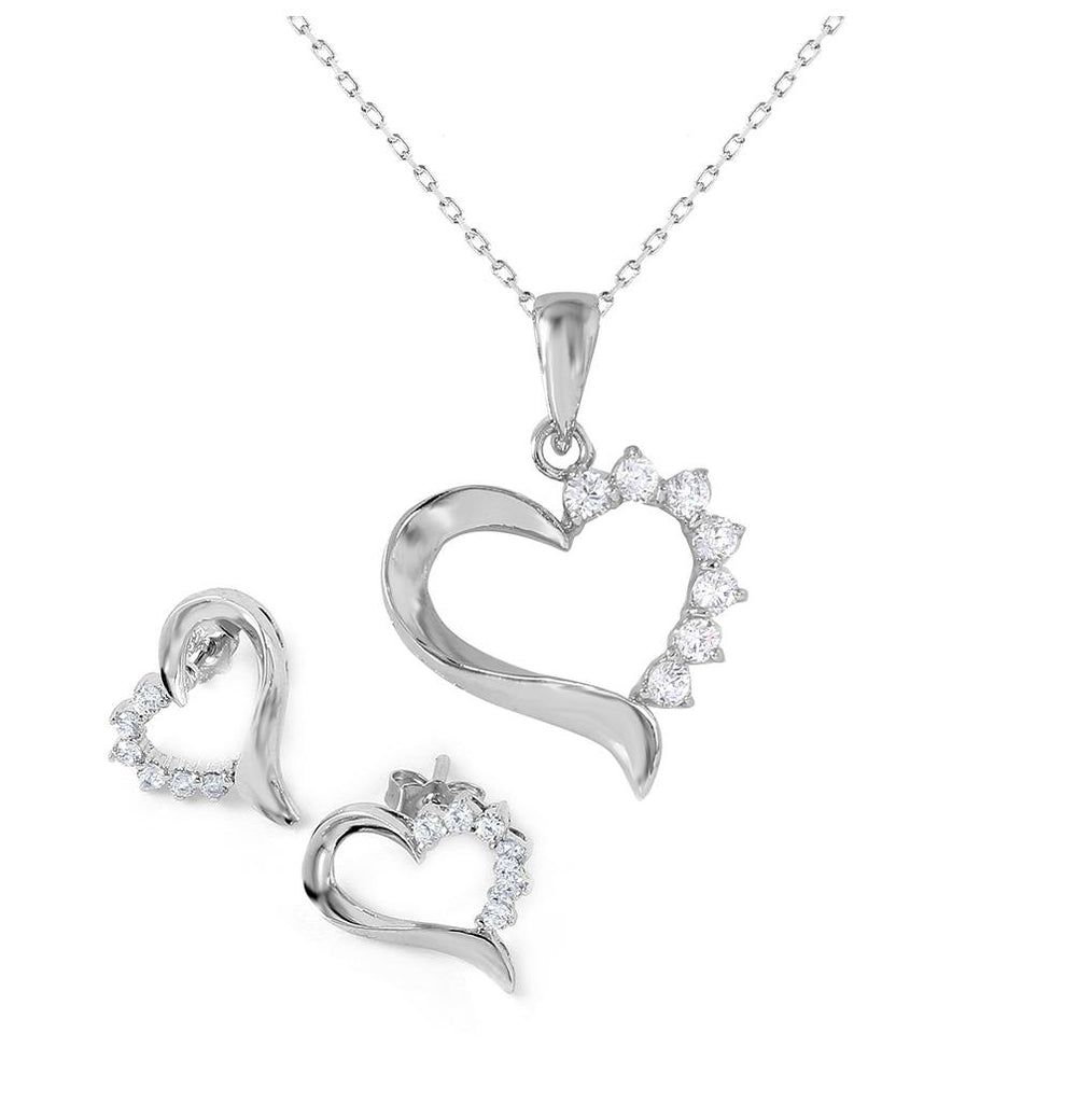 .925 Sterling Silver Rhodium Plated Heart Cz Set