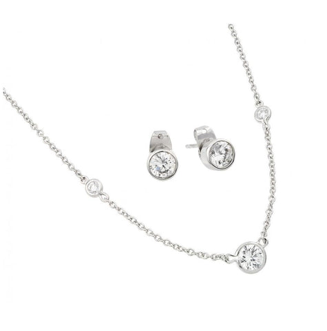 .925 Sterling Silver Rhodium Plated Clear Individual Cz Stud Earring & Chain Necklace Set