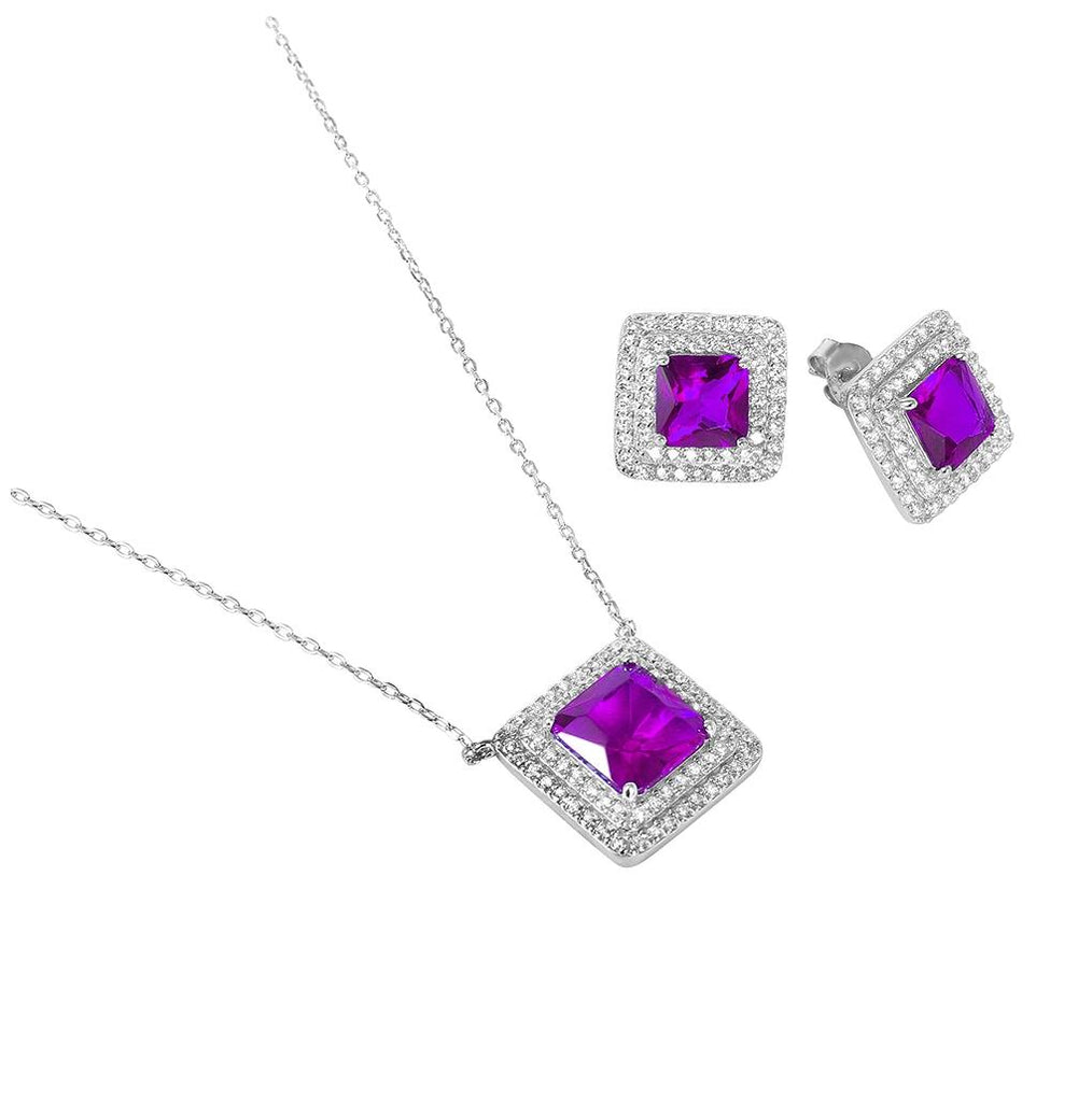 .925 Sterling Silver Rhodium Plated Square Cz Cluster Birthstone Set February