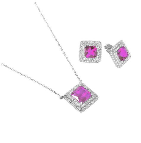 .925 Sterling Silver Rhodium Plated Square Cz Cluster Birthstone Set June