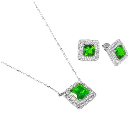 .925 Sterling Silver Rhodium Plated Square Cz Cluster Birthstone Set May