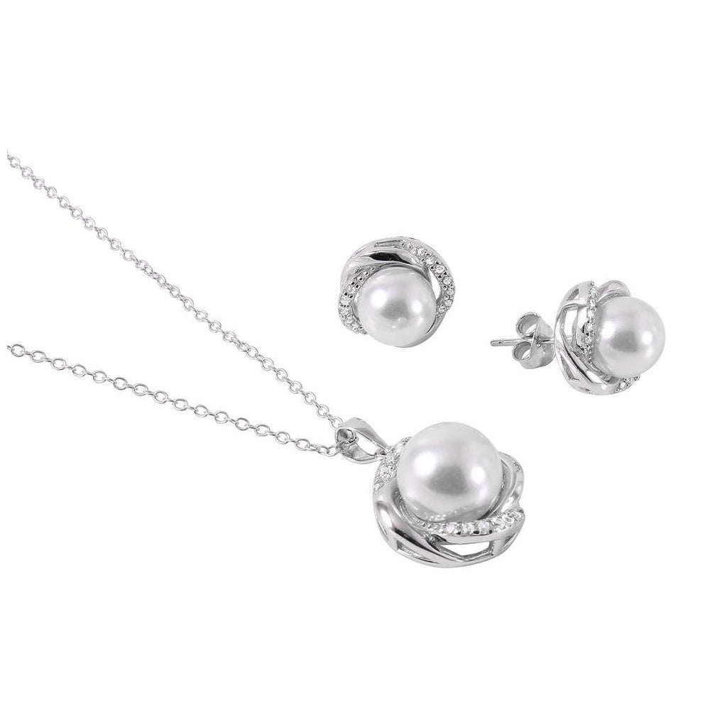 .925 Sterling Silver Rhodium Plated Clear Cz White Pearl Set