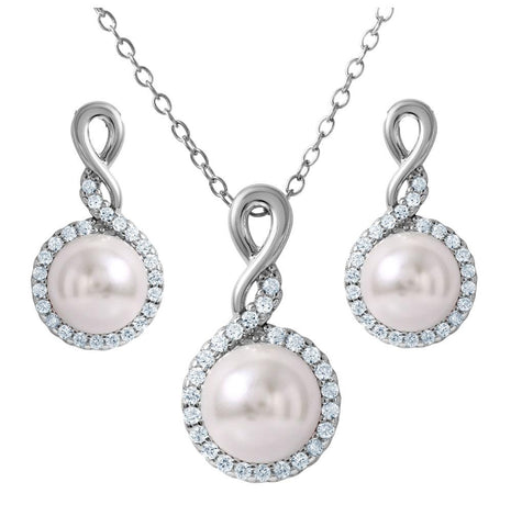 .925 Sterling Silver Rhodium Plated Clear Cz White Pearl Set