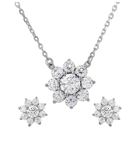 .925 Sterling Silver Rhodium Plated Flower Cz Earrings And Necklace Set