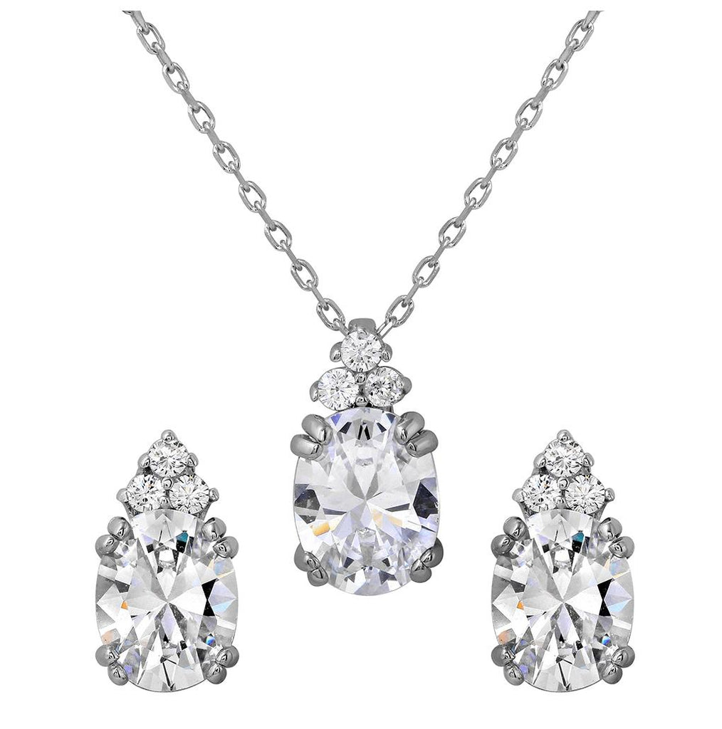 .925 Sterling Silver Rhodium Plated Oval Cz Earrings And Necklace Set