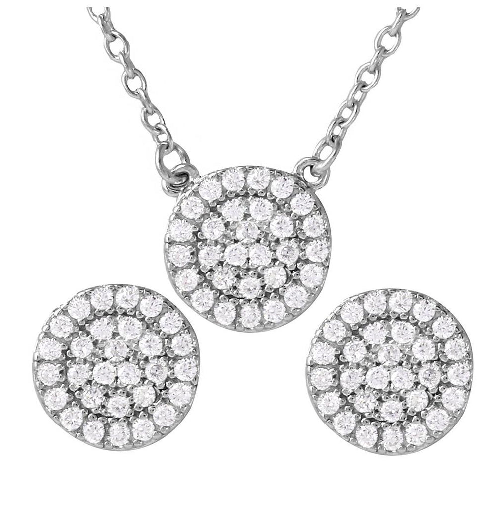 .925 Sterling Silver Rhodium Plated Cz Encrusted Round Earrings And Necklace Set