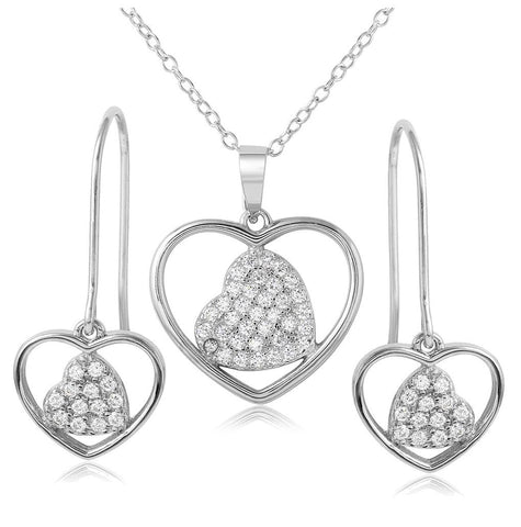 .925 Sterling Silver Rhodium Plated Double Heart Cz Earrings And Necklace Set