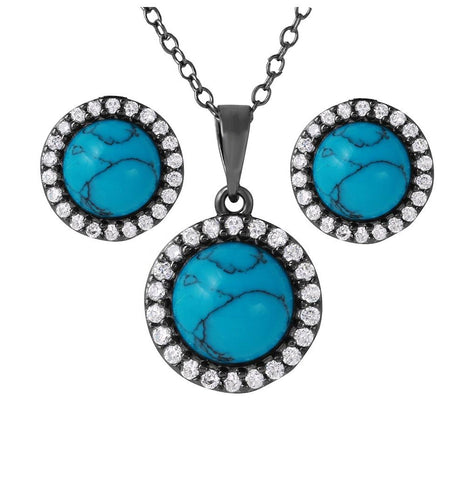 .925 Sterling Silver Black Rhodium Turquoise Center Stone Halo Set