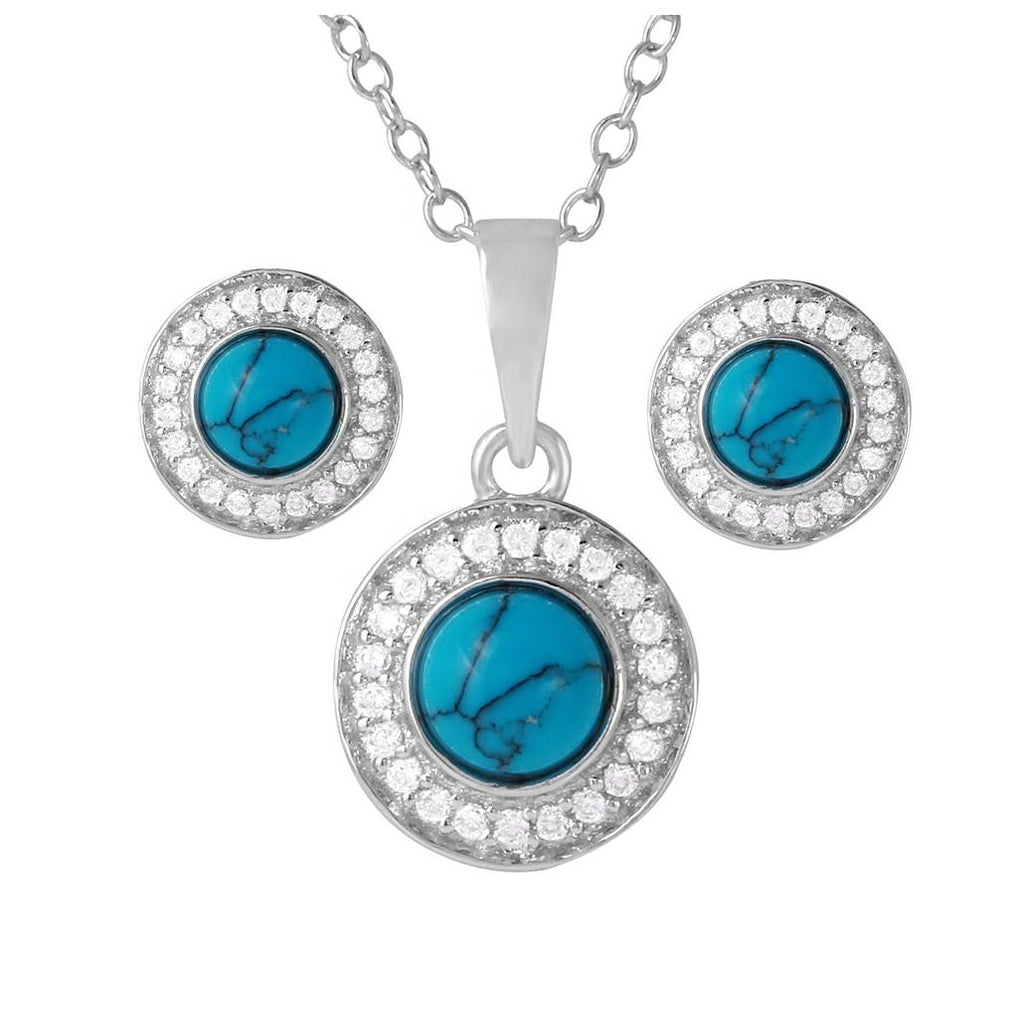 .925 Sterling Silver Rhodium Plated Turquoise Halo Set