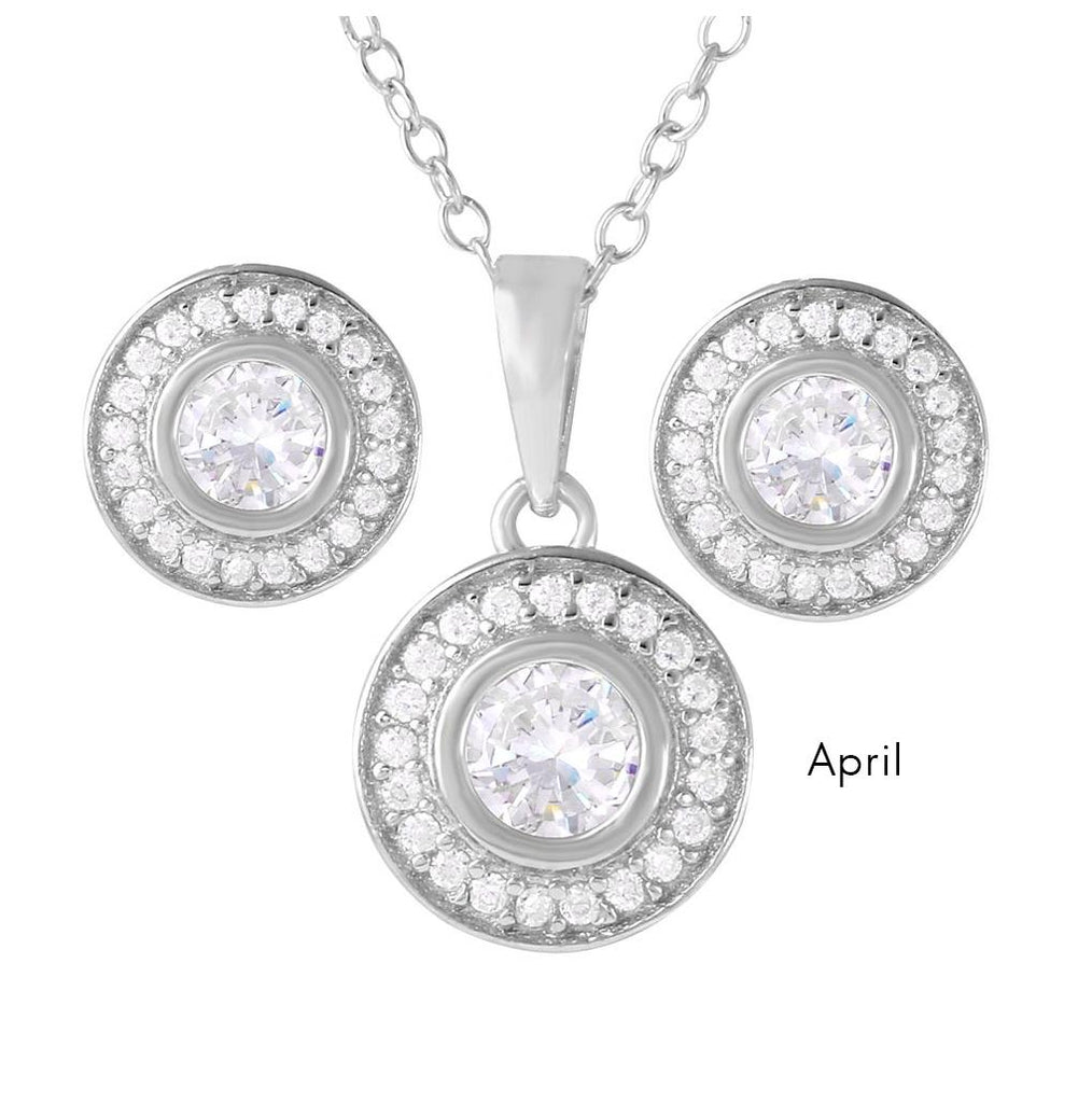 .925 Sterling Silver Rhodium Plated Birthstones Halo Cz Sets April