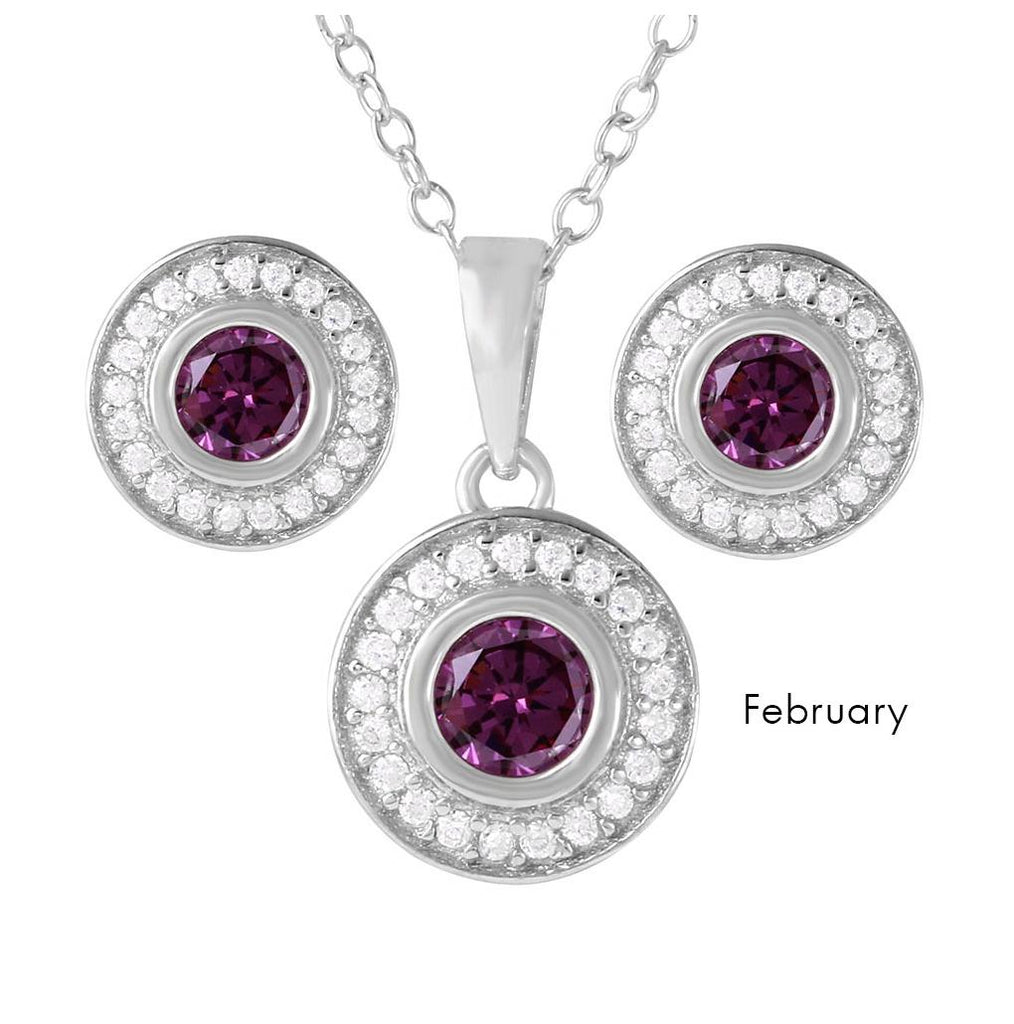 .925 Sterling Silver Rhodium Plated Birthstones Halo Cz Sets February