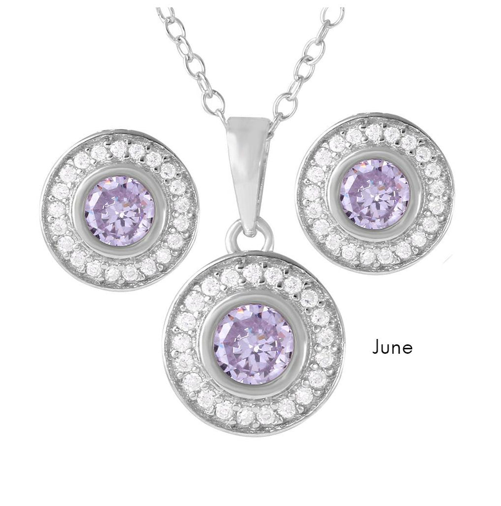 .925 Sterling Silver Rhodium Plated Birthstones Halo Cz Sets June