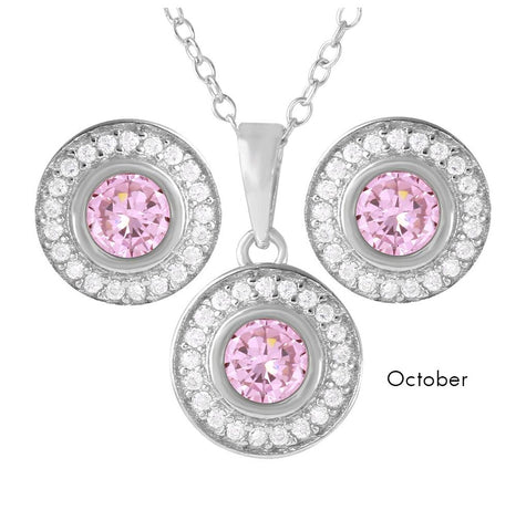 .925 Sterling Silver Rhodium Plated Birthstones Halo Cz Sets October