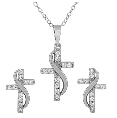 .925 Sterling Silver Rhodium Plated Cz Cross With Sash Earrings And Necklace Set