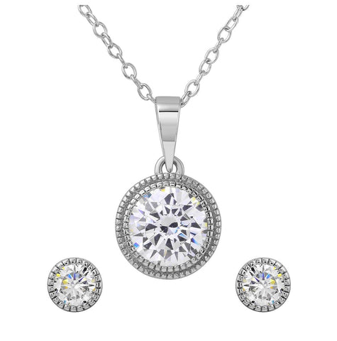 .925 Sterling Silver Rhodium Plated Round Cz Earring And Necklace Set