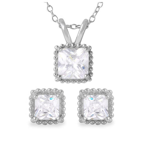 .925 Sterling Silver Rhodium Plated Square Cz Earrings And Necklace Set