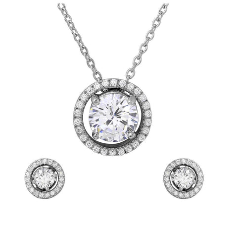 .925 Sterling Silver Rhodium Plated Halo Cz Round Earrings And Necklace Set