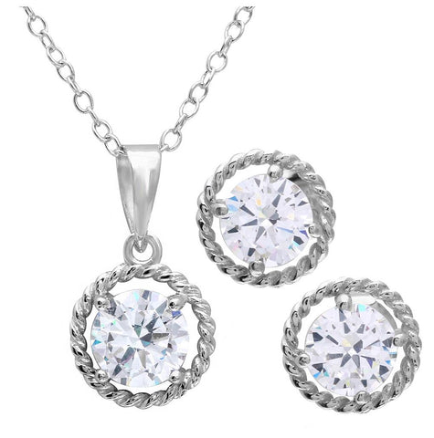 .925 Sterling Silver Rhodium Plated Rope Border Cz Center Set