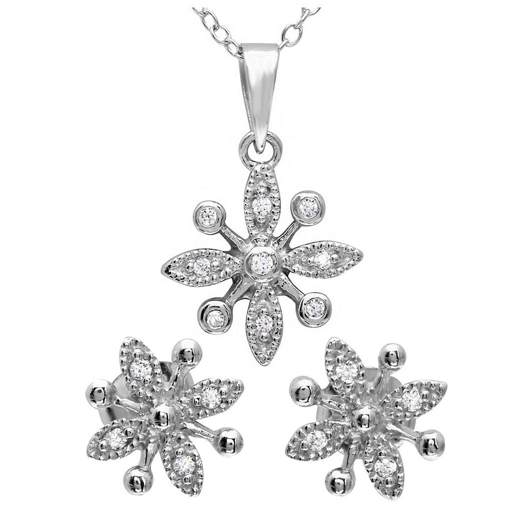 .925 Sterling Silver Rhodium Plated Cz Flower Set