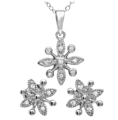 .925 Sterling Silver Rhodium Plated Cz Flower Set