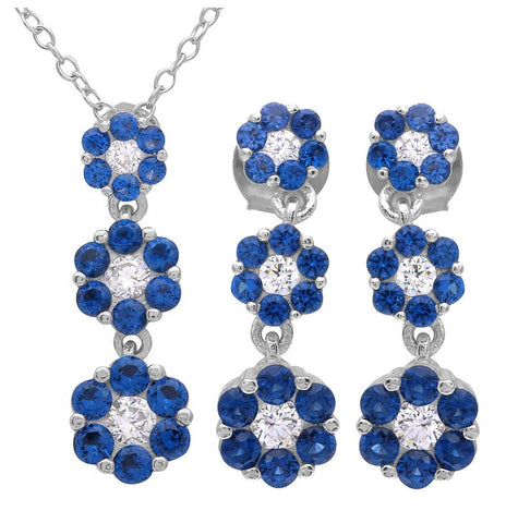 .925 Sterling Silver Rhodium Plated 3 Drop Blue Cz Flower Set