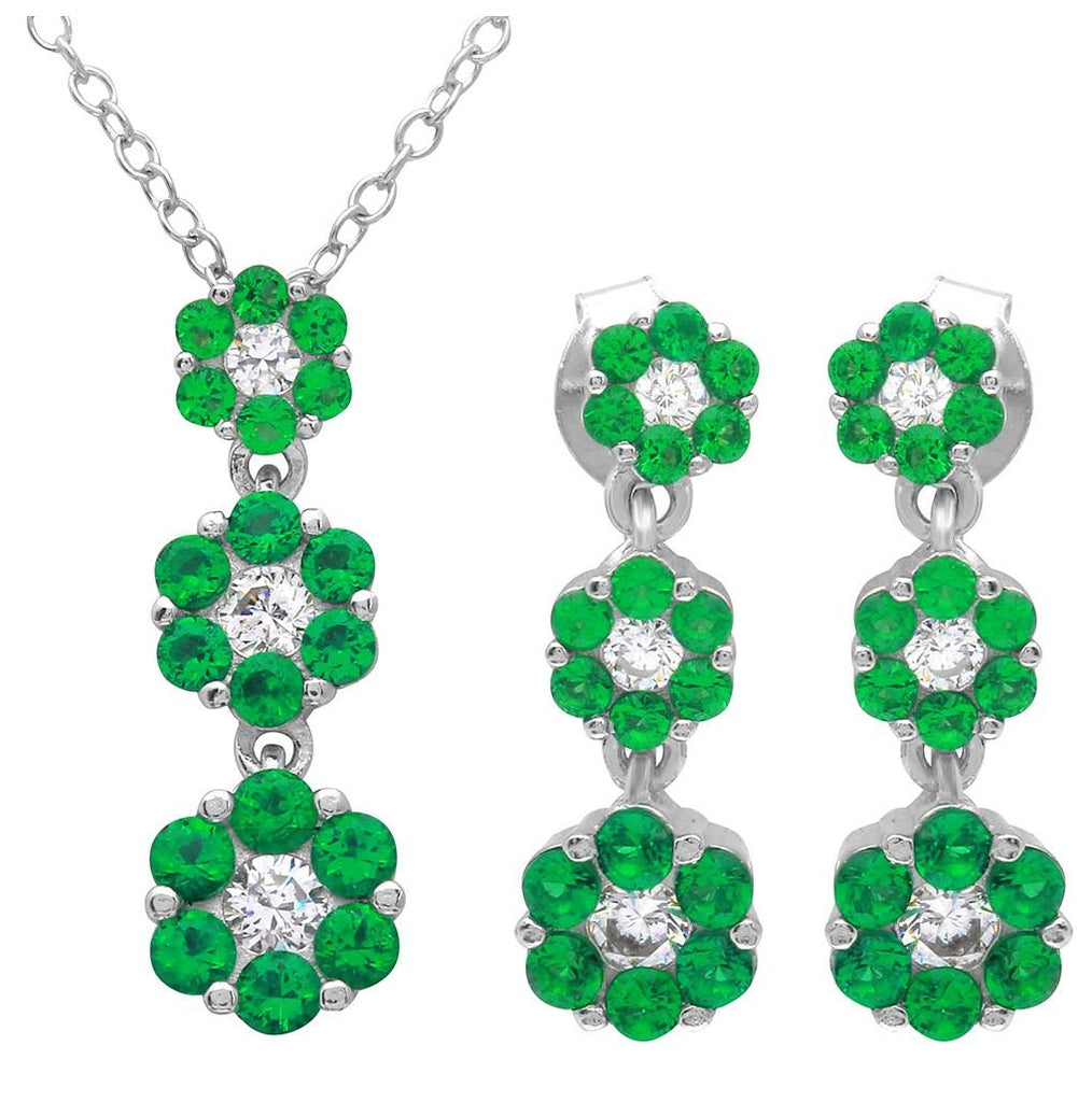 .925 Sterling Silver Rhodium Plated 3 Drop Green Cz Flower Set