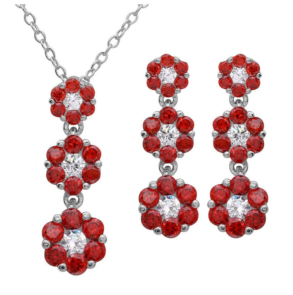 .925 Sterling Silver Rhodium Plated 3 Drop Red Cz Flower Set