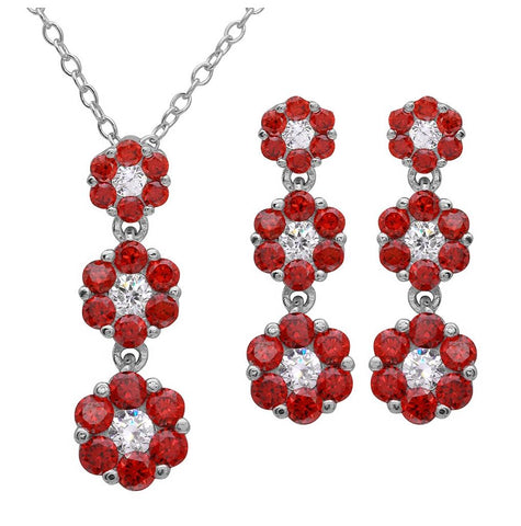 .925 Sterling Silver Rhodium Plated 3 Drop Red Cz Flower Set