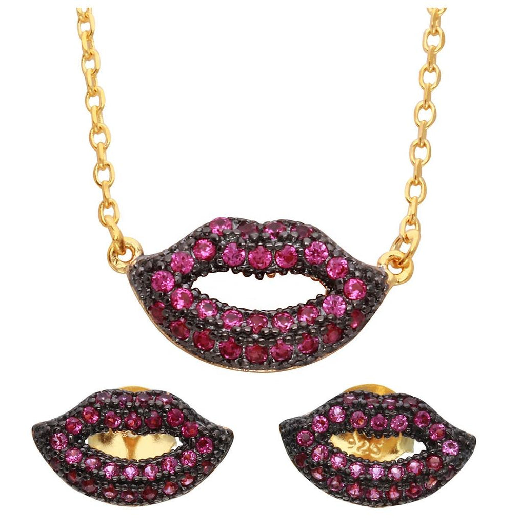 .925 Sterling Silver Gold Plated Pink Cz Lips Sets