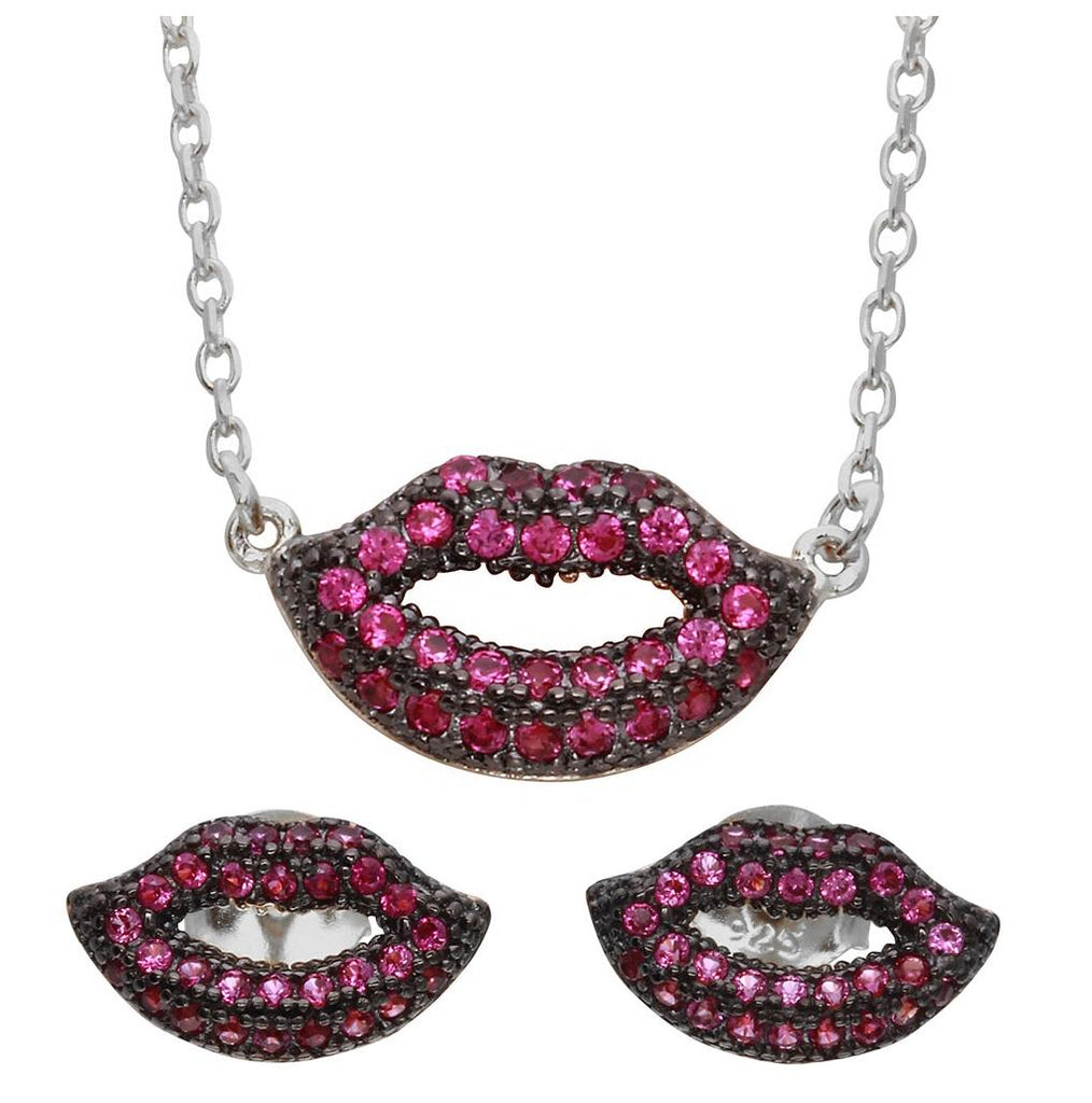 .925 Sterling Silver Rhodium Plated Pink Cz Lips Sets