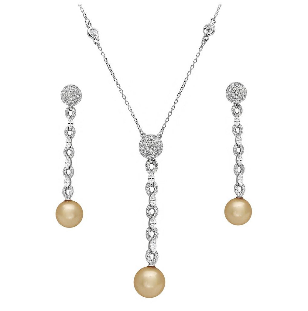 .925 Sterling Silver Rhodium Plated Cz Drop Pearl Set