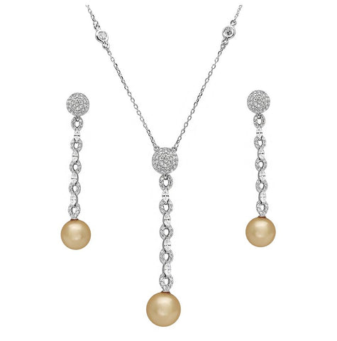 .925 Sterling Silver Rhodium Plated Cz Drop Pearl Set