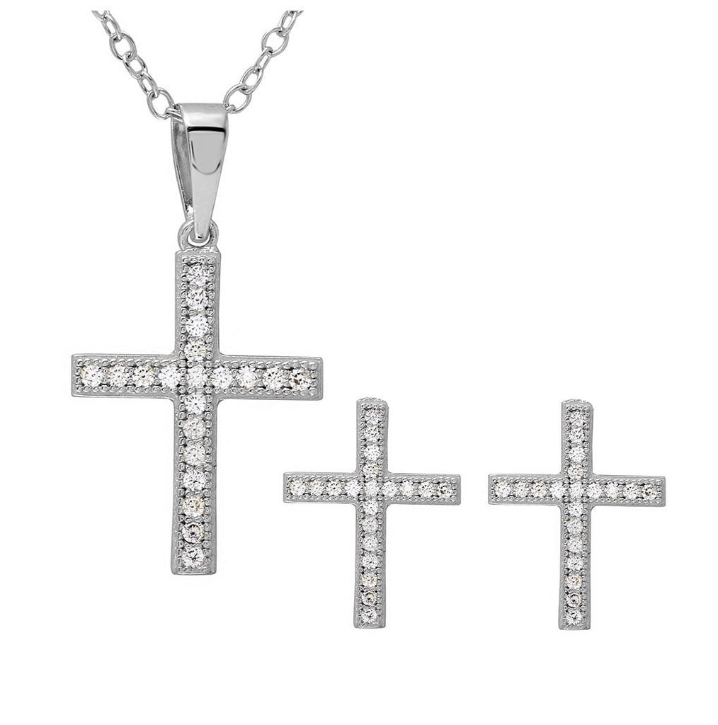 .925 Sterling Silver Rhodium Plated Cz Cross Set