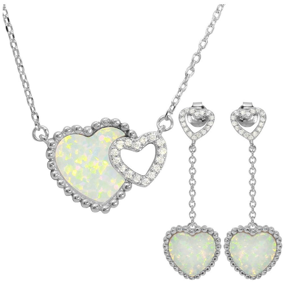 .925 Sterling Silver Rhodium Plated Double Heart Cz And Opal Matching Set