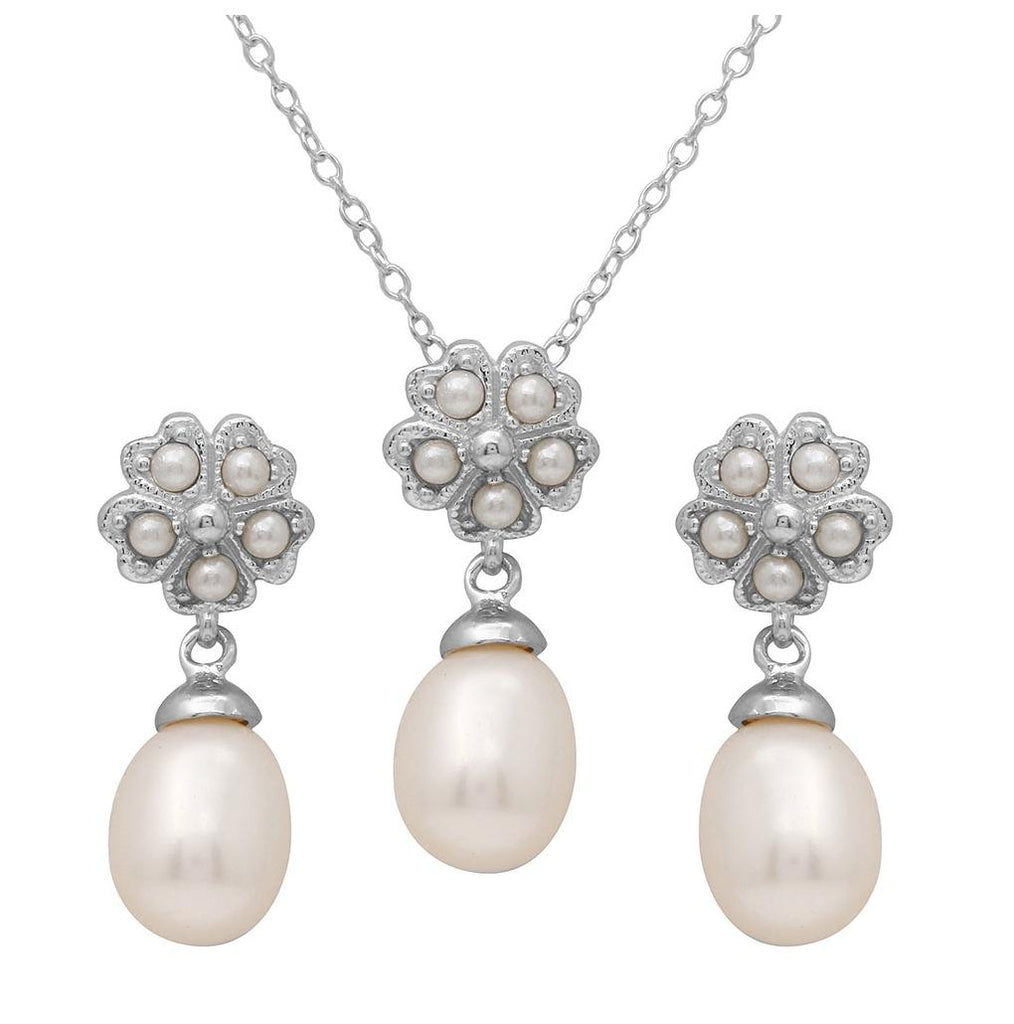 .925 Sterling Silver Rhodium Plated Clover Leaf Fresh Water Pearl Set