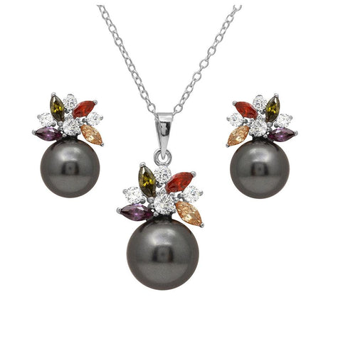 .925 Sterling Silver Rhodium Plated Multi Cz Flower Set With Synthetic Black Pearl