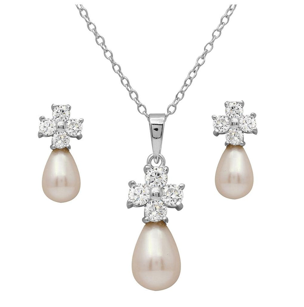 .925 Sterling Silver Rhodium Plated Cz Cross Set With Fresh Water Pearl