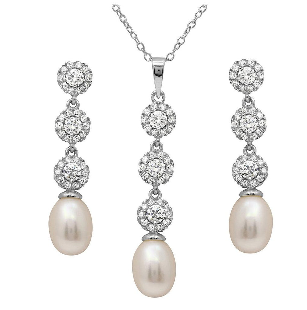 .925 Sterling Silver Rhodium Plated Drop Cz And Fresh Water Pearl Set