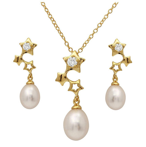 .925 Sterling Silver Rhodium Plated Gold Plated Dangling Stars Set With Fresh Water Pearl