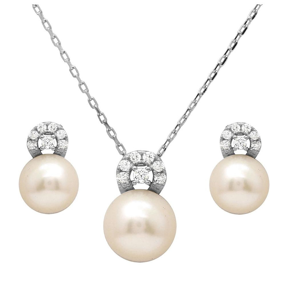 .925 Sterling Silver Rhodium Plated Fresh Water Pearl With Cz Stones Sets