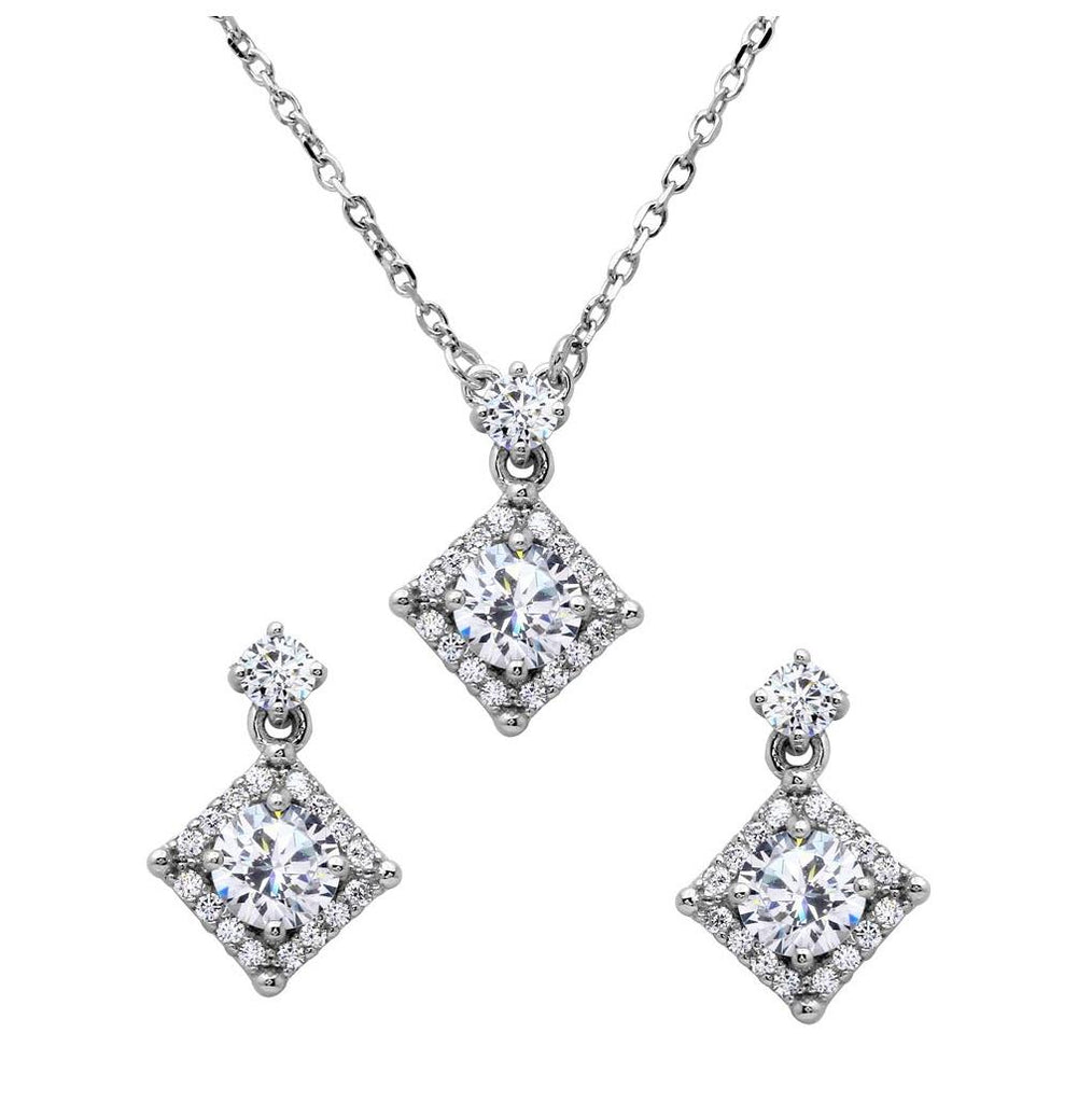 .925 Sterling Silver Diamond Shape Halo Cz Set