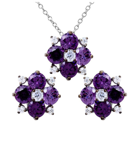 .925 Sterling Silver Rhodium Plated Purple Flower Cz Sets