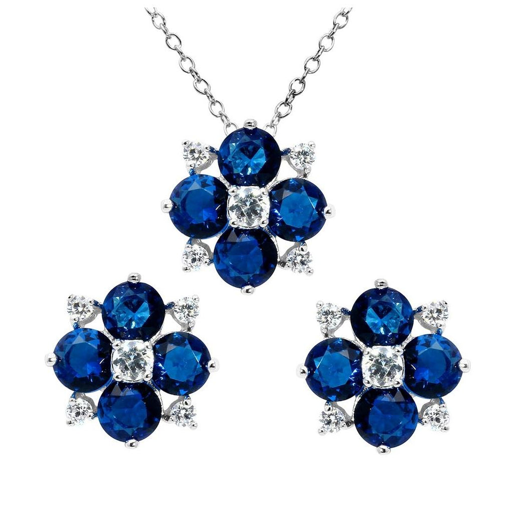 .925 Sterling Silver Rhodium Plated Blue Flower Cz Sets