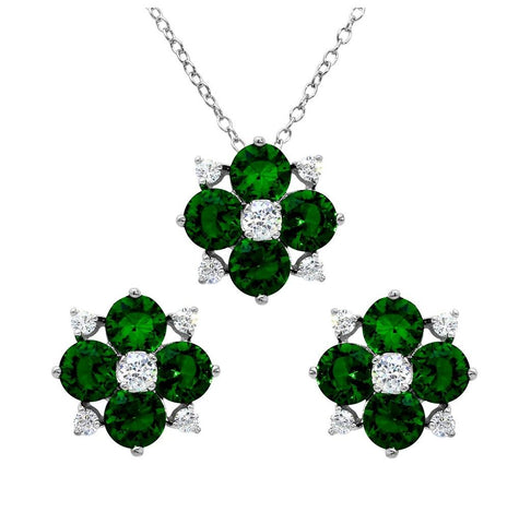 .925 Sterling Silver Rhodium Plated Green Flower Cz Sets