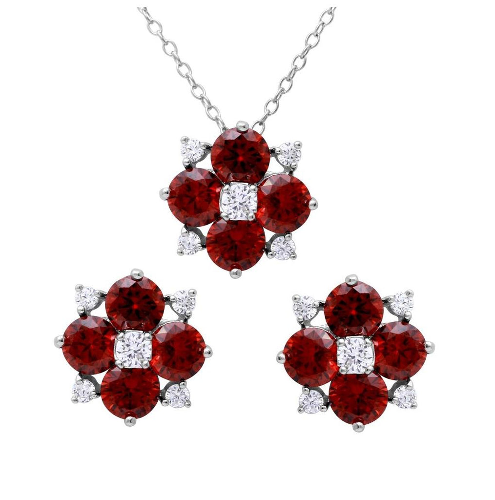 .925 Sterling Silver Rhodium Plated Red Flower Cz Sets