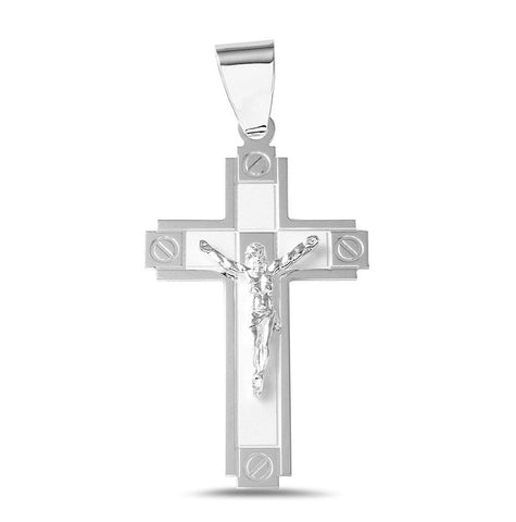 .925 Sterling Silver Rhodium Plated High Polished With Matte Finish Screw Head Edge Lg Cross Pendant