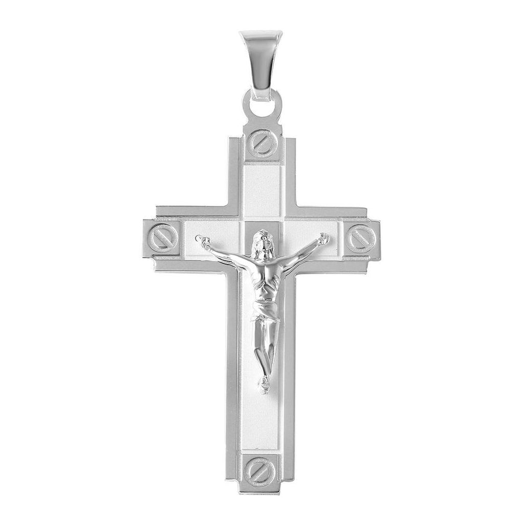 .925 Sterling Silver Rhodium Plated High Polished With Matte Finish Screw Head Edge Sm Cross Pendant