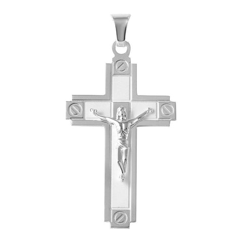 .925 Sterling Silver Rhodium Plated High Polished With Matte Finish Screw Head Edge Sm Cross Pendant