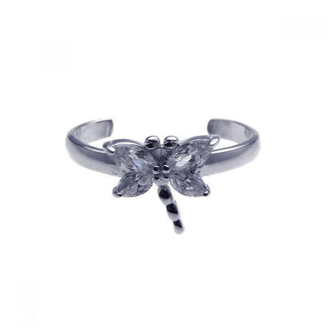 .925 Sterling Silver Rhodium Plated Clear Cz Dragonfly Toe Ring