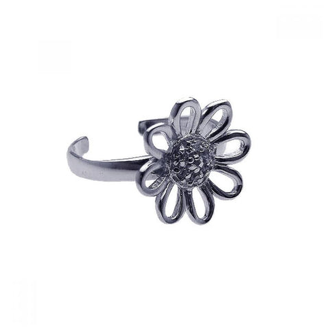 .925 Sterling Silver Rhodium Plated Clear Cz Daisy Flower Toe Ring